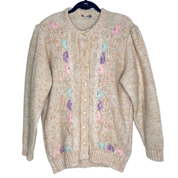 ROGER RK By Swal  TAN CARDIGAN GRANNY GRAPPA CHUNKY NEUTRAL OVERSIZED TOP LARGE - Picture 11 of 11